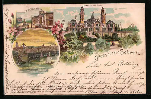 Lithographie Zürich, Tonhalle, Bahnhof, Quaibrücke