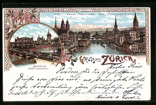 Lithographie Zürich, Ortsansicht und Bahnhofbrücke
