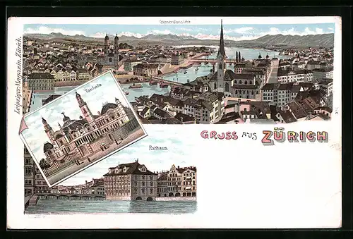 Lithographie Zürich, Ortsansicht, Tonhalle, Rathaus