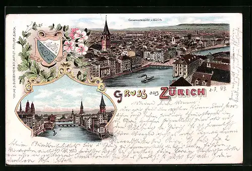 Lithographie Zürich, Gesamtansicht, Teilansicht mit Flussbrücke