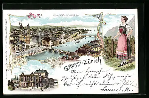 Lithographie Zürich, Grossmünster mit Alpen & See, Theater, Alpenländerin in Tracht