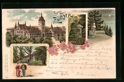 Lithographie Zürich, Landesmuseum, Promenade, Baumgartner-Denkmal