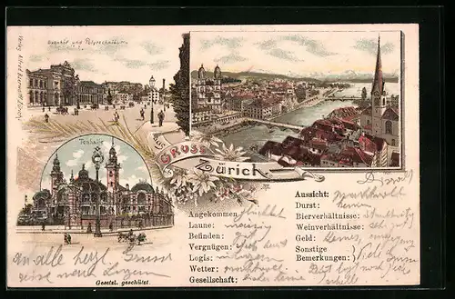 Lithographie Zürich, Ortsansicht, Bahnhof, Tonhalle