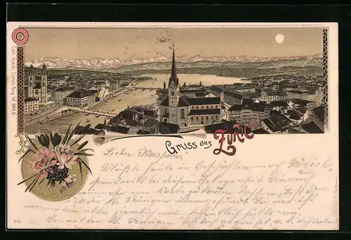 Lithographie Zürich, Panoramablick aus der Vogelschau