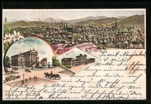 Lithographie Winterthur, Stadthaus, Bahnhof, Totalansicht