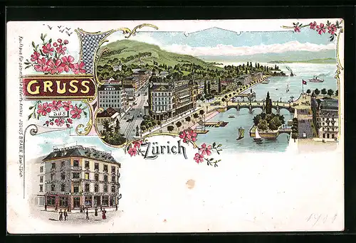 Lithographie Zürich, Ortsansicht, Zürcher Engros-Lager