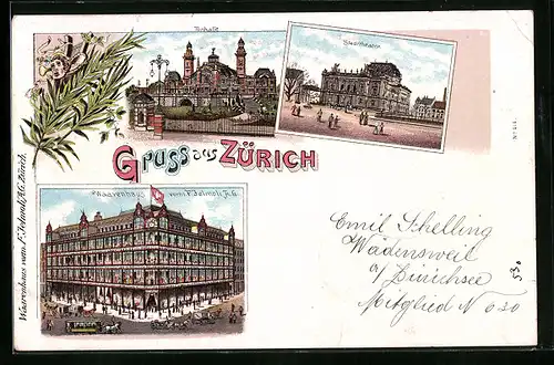 Lithographie Zürich, Tonhalle, Stadttheater, Warenhaus