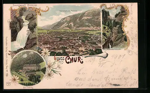 Lithographie Chur, Totalansicht, Bad Passug, Rabiusa-Schlucht