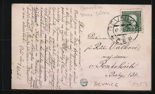 AK Revnice, Totalansicht, Blick über die Felder