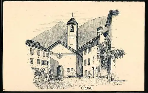 Künstler-AK Grono, Ortspartie mit Kirche