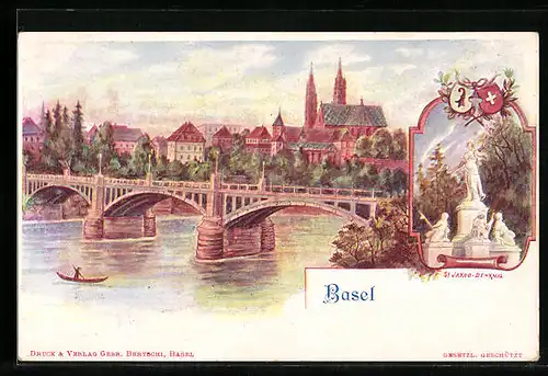 AK Basel, Teilansicht mit Brücke, St. Jakob-Denkmal, Wappen