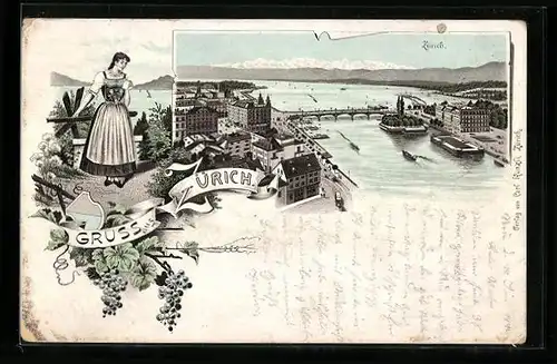 Lithographie Zürich, Teilansicht mit Brücke, Züricherin
