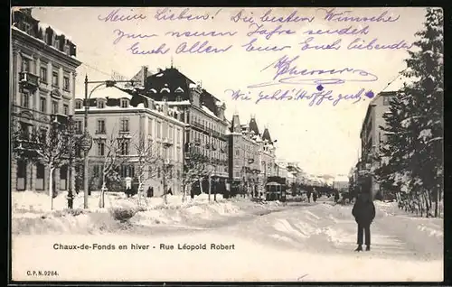 AK Chaux-de-Fonds, Rue Léopold Robert, Strassenbahn im Winter