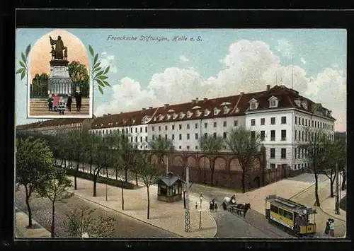 AK Halle a. S., Francksche Stiftungen und Strassenbahn, Denkmal