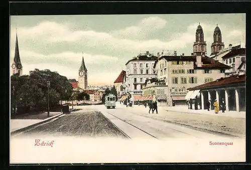 AK Zürich, Strassenbahn am Sonnenquai