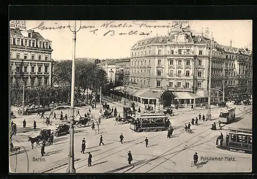 AK Berlin, Potsdamerplatz mit Strassenbahnen und Kutschen