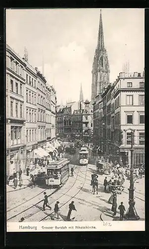 AK Hamburg, Grosser Burstah mit Nikolaikirche und Strassenbahnen