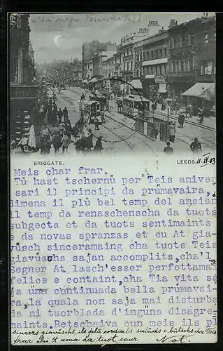 AK Leeds, Briggate, Strassenbahn und Kutsche