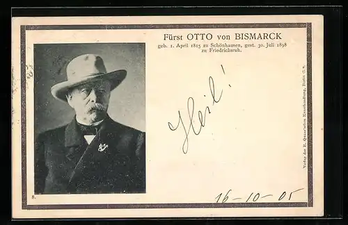 AK Fürst Otto von Bismarck mit Hut
