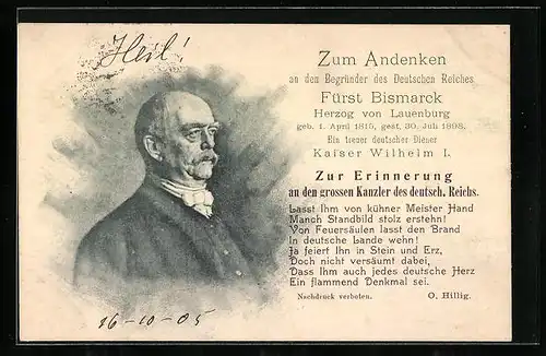 AK Andenken an den Begründer des Deutschen Reiches Fürst Bismarck