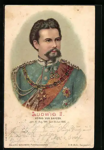 Lithographie Portrait von Ludwig II., König von Bayern