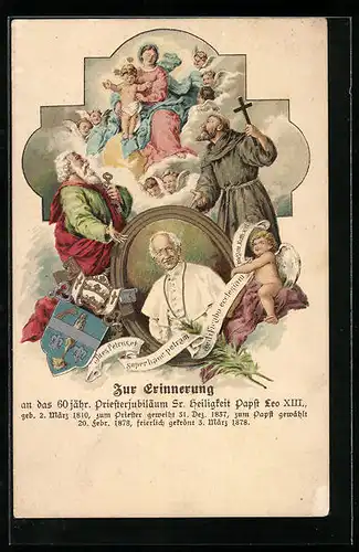 Künstler-AK Bildnis Papst Leo XIII., Zur Erinnerung an das 60 jährige Priesterjubiläum