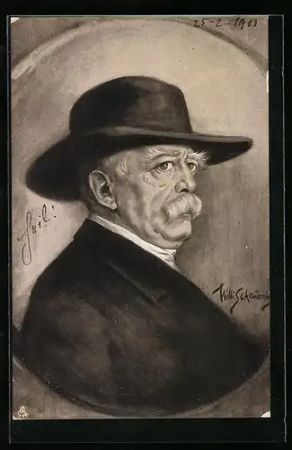 Künstler-AK Willi Scheuermann: Portrait von Bismarck mit Hut