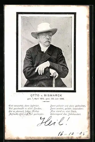 AK Bildnis Otto von Bismarck mit Hut und Stock
