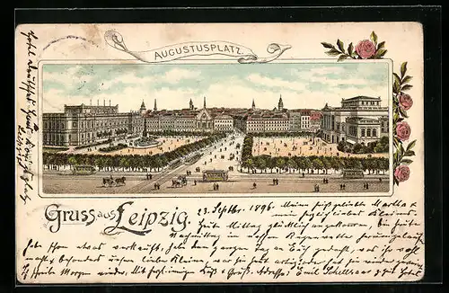 Lithographie Leipzig, Augustusplatz mit Strasse aus der Vogelschau