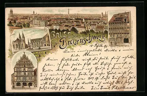 Lithographie Braunschweig, Ortsansicht, Gewandhaus, Haus Sack Nr. 5