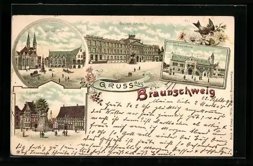 Lithographie Braunschweig, Residenz-Schloss, Haus Dankwarderode