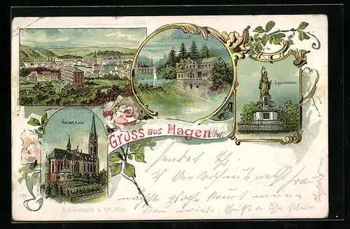 Lithographie Hagen, Ortsansicht, Gasthaus Waldlust