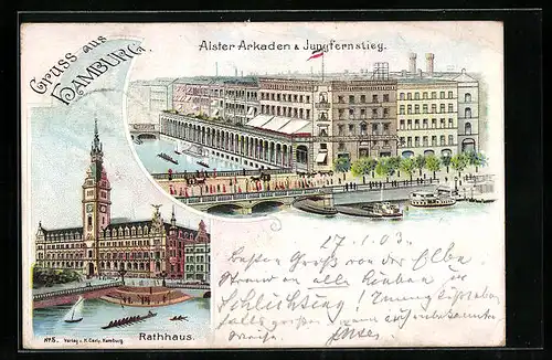 Lithographie Hamburg, Alster-Arkaden & Jungfernstieg, Rathhaus
