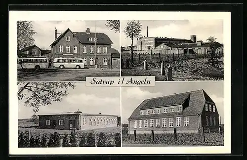 AK Satrup /Angeln, Onibusse vor einem Haus, Fabrikgebäude