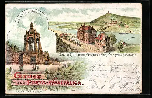 Lithographie Porta Westfalica, Hotel und Restaurant Grosser Kurfürst, Kaiser Wilhelm Denkmal