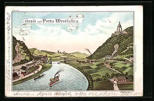 Lithographie Porta Westfalica, Panorama mit Denkmal
