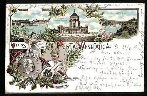 Lithographie Porta Westfalica, Ortsansicht, Ortsansicht Minden, Wilhelm I., Wappen