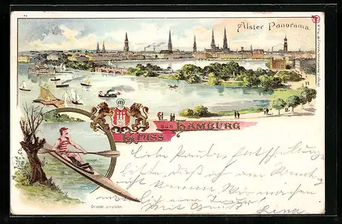 Lithographie Hamburg, Alster-Panorama mit Booten, Paddler in Kanu, Wappen