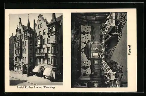 AK Nürnberg, Hotel Rother Hahn mit Strasse und Festsaal