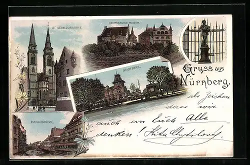 Vorläufer-Lithographie Nürnberg, 1895, Germanisches Museum, Fleischbrücke, Stadtpark