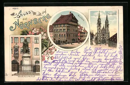 Lithographie Nürnberg, Dürerhaus, Florenzkirche, Dürerdenkmal