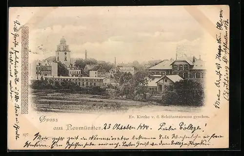 AK Neumünster, Ev. Kirche von der Schützenstrasse gesehen