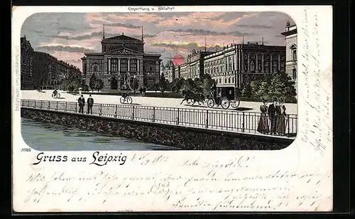 Lithographie Leipzig, Konzerthaus u. Bibliothek im Abendrot