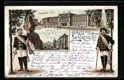 Lithographie Leipzig, Universität, Paulinerhof, Soldaten mit Fahnen