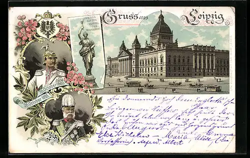 Vorläufer-Lithographie Leipzig, Reichsgericht mit Strassenbahn, Justitia auf der Kuppel, König von Sachsen, 1895