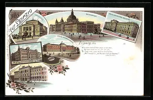 Lithographie Leipzig, Königl. Kunstakademie, Gewerbeschule und Concerthaus