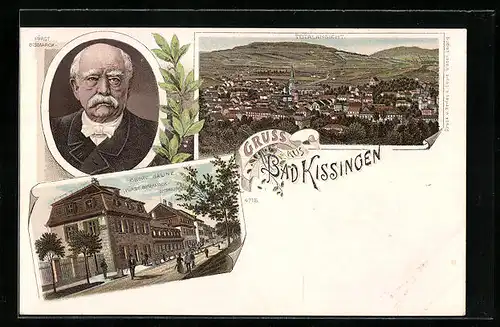 Lithographie Bad Kissingen, Totalansicht, Portrait Fürst Bismarck, Obere Saline