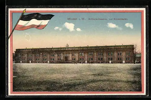 Künstler-AK Minden i. W., Artillerie-Kaserne, am Simeonsplatz, Nationalflagge