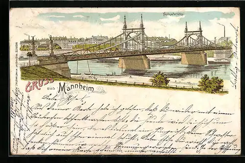 Lithographie Mannheim, Partie der Neckarbrücke