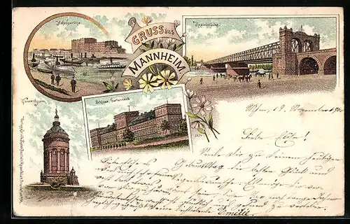 Lithographie Mannheim, Wasserthurm und Rheinbrücke